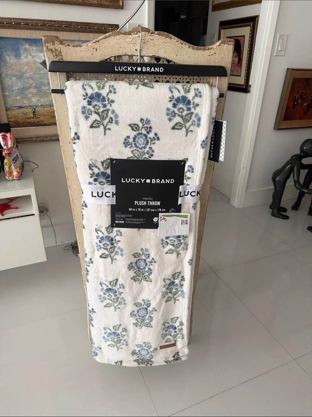 Lucky Brand White Throw with Blue & Green Floral Print